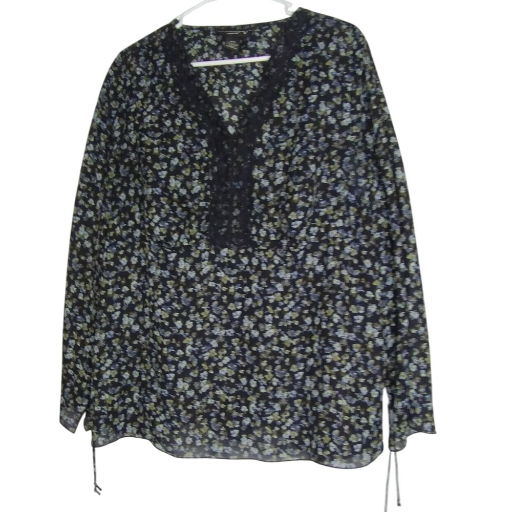Venezia Black Floral Lace V Neck Long Sleeve‎ Sheer Blouse 14/16 Womens